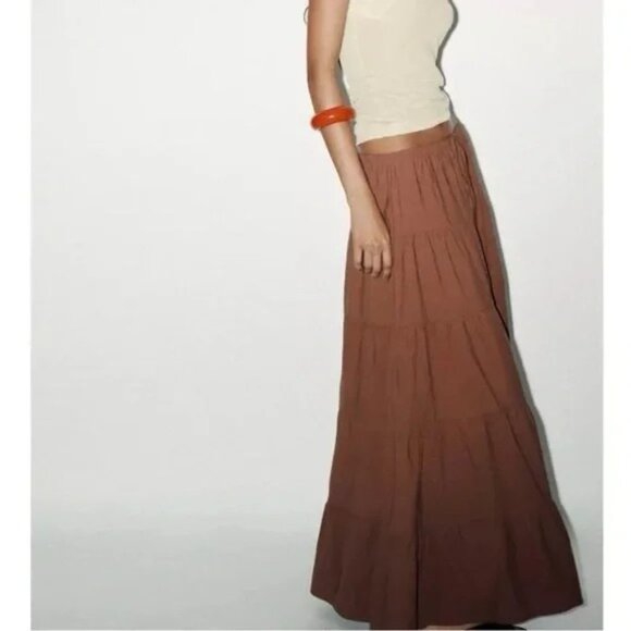 🌞 ZARA Tiered Maxi Skirt in Chocolate Brown Extra Small XS - Picture 3 of 13